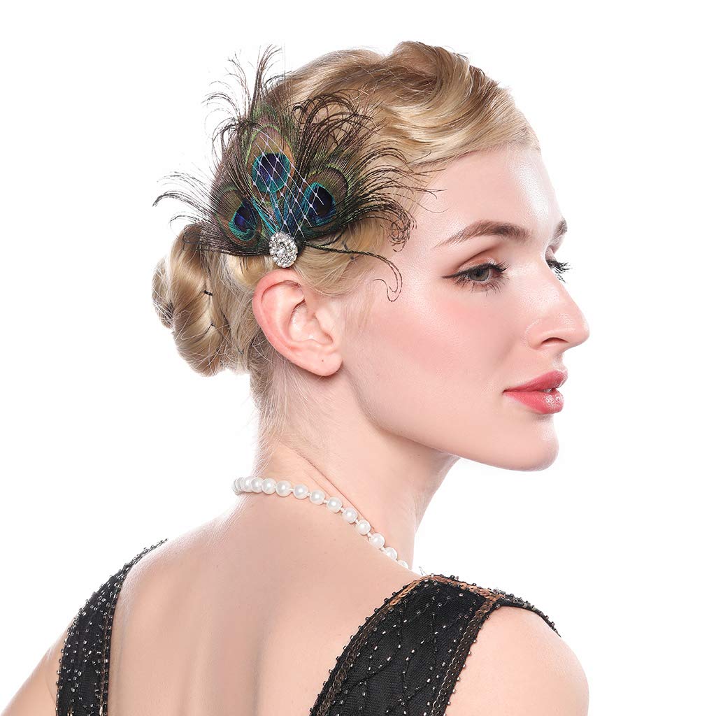 Aimimier 1920s Flapper Peacock Feather Hair Clip Crystal Hair Piece Vintage Roaring 20s Prom Party Festival Hair Accessories for Women Beauty & Personal Care Aimimier
