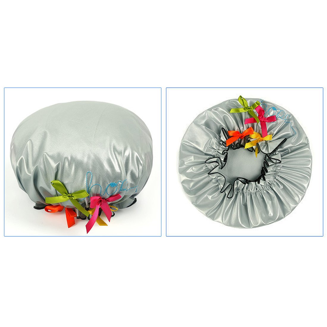 Ruilogod Gray Polyester Bow Lace Waterproof Shower Bath Hair Cap Hat for Woman (id: 393 679 c5b df4 6c6 Beauty and Personal Care Ruilogod