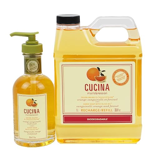Cucina Fruits & Passion Sanguinelli Orange and Fennel Hand Soap Set, 6.7 fl oz Glass Bottle and 33.8 fl oz Refill, Made in Canada Beauty & Personal Care Cucina