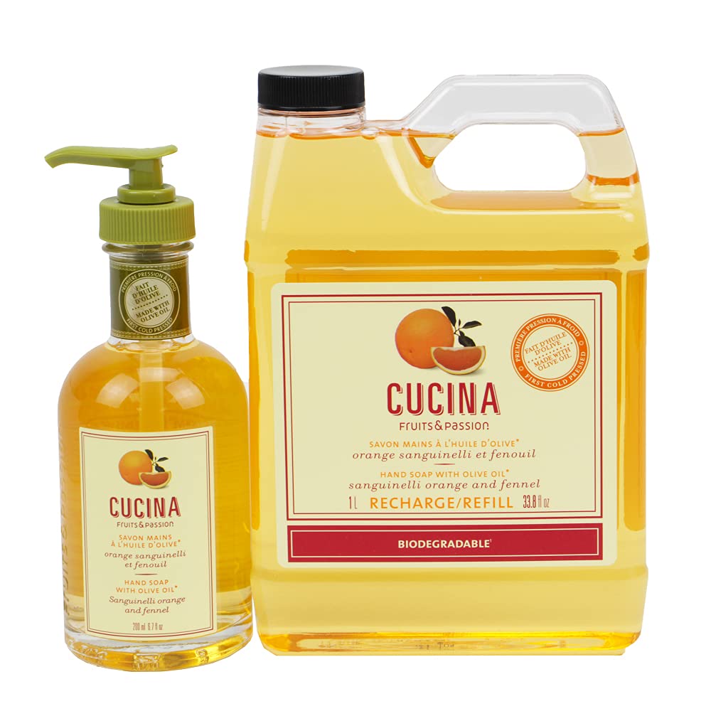 Cucina Fruits & Passion Sanguinelli Orange and Fennel Hand Soap Set, 6.7 fl oz Glass Bottle and 33.8 fl oz Refill, Made in Canada Beauty & Personal Care Cucina