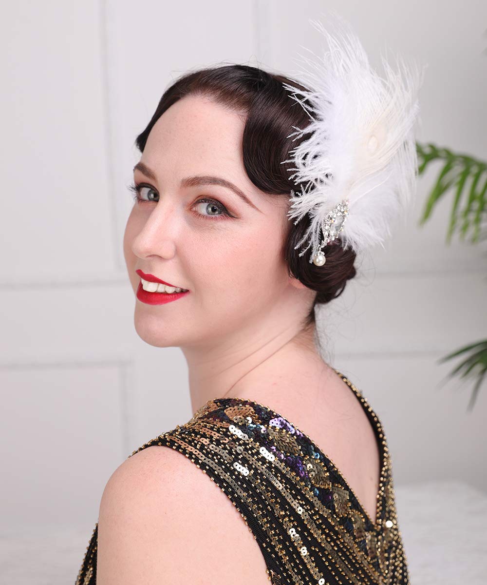 Aimimier 1920s Flapper White Feather Headpiece Crystal Pendant Hair Clip Roaring 20s Feather Accessories Masquerade Hair Jewelry for Women Beauty & Personal Care Aimimier