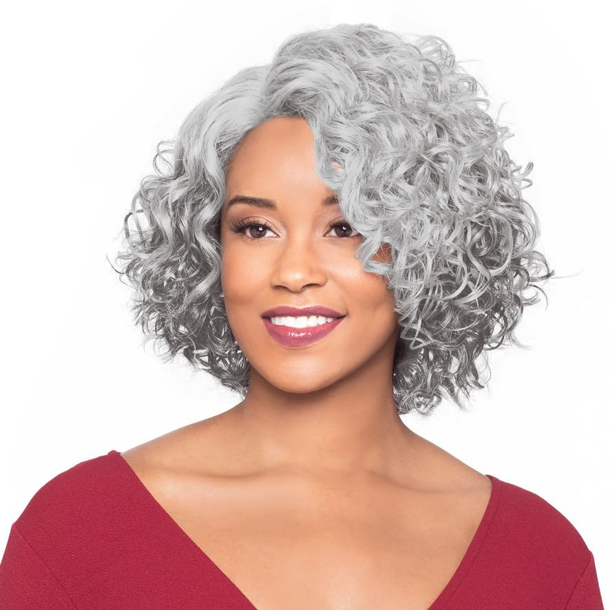 Foxy Silver Martina Wig Color Platinum - 11" Long Curly Side Part Fusion Heat Resistant Synthetic J Part African American Average Cap Bundle Maxwigs