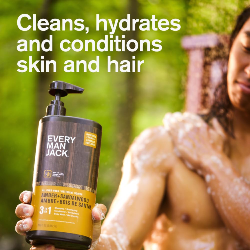 Every Man Jack Amber + Sandalwood Hydrating Mens 3-in-1 All Over Wash for All Skin and Hair Types - Body Wash, Shampoo and Conditioner with Naturally Beauty and Personal Care Every Man Jack