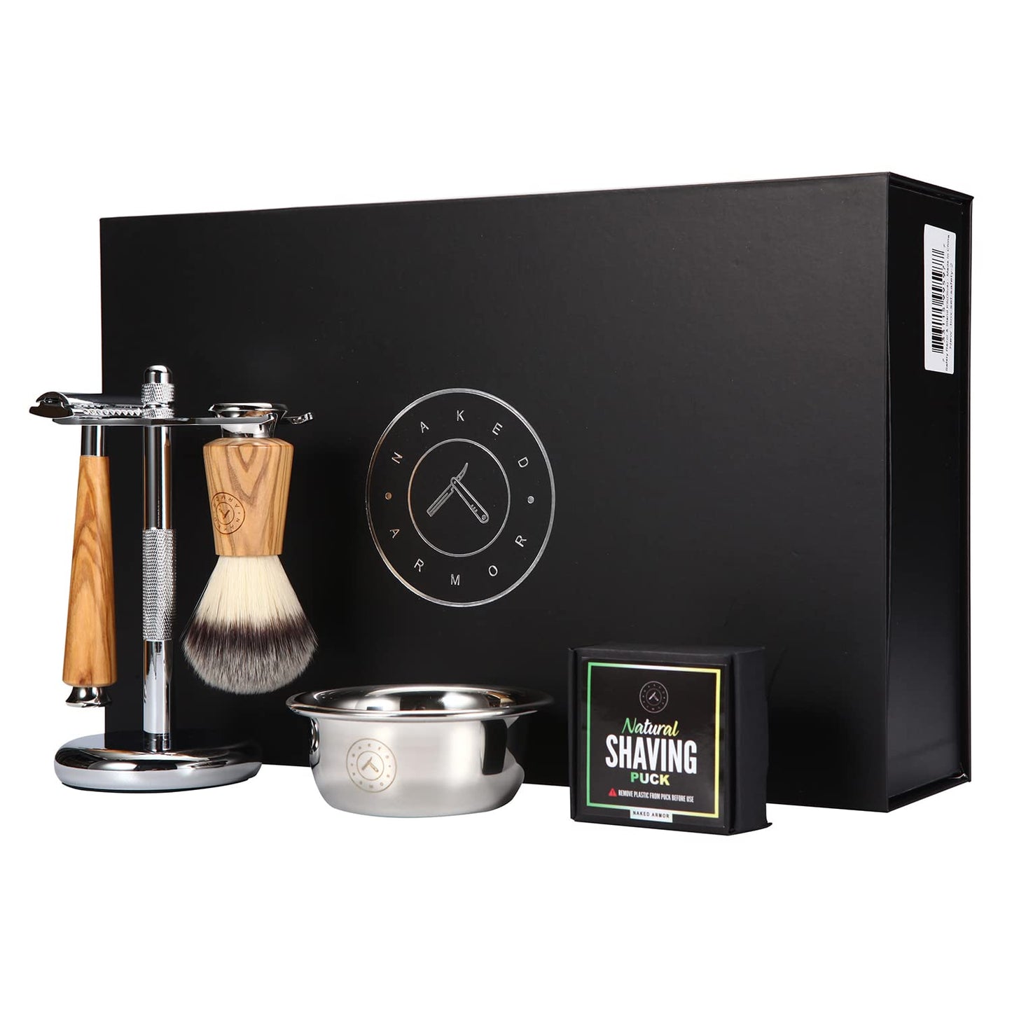 Complete Safety Razor Kit - Includes Olive Wood Safety Razor, Closed Comb Double Edge Razor, Safety Razor Stand, Olive Wood Shaving Brush, Organic Beauty and Personal Care Naked Armor