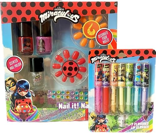 Zag Miraculous Ladybug Nail Polish Set and Lip Gloss Bundle- Includes 3 Nail Polishes, 2 Glitter Pots, 20 Faux Nails and Gemstone Sticker Sheet with 7 Beauty & Personal Care Zag