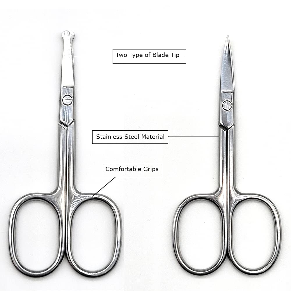 Stainless Steel Groming Scissors Pack of 2 with Travel Case - Eyebrow, Nose Hair, Mustache, Beard, Eyelashes, Ear Trimming Kit & Rounded Tip Facial Beauty and Personal Care GREIGHT BRAND PRODUCTS