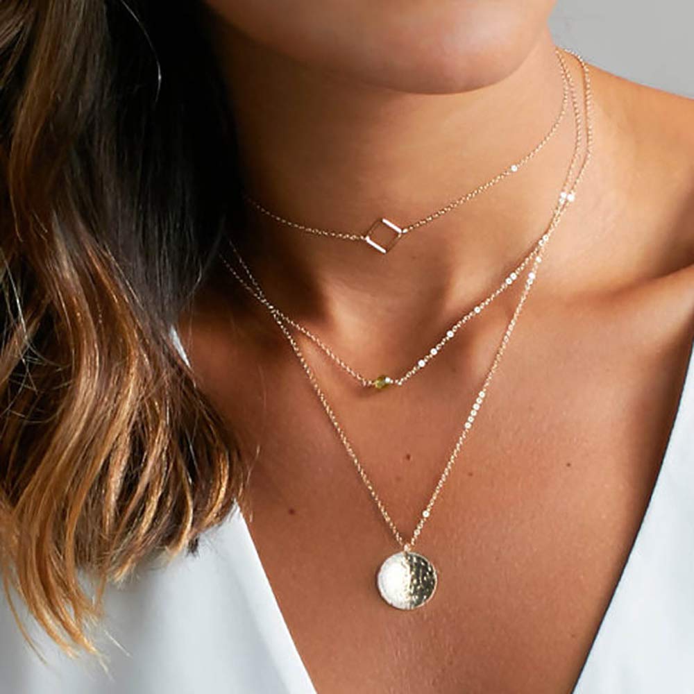 DoubleNine Geometric Square Delicate Layering Coin Necklace Disk Sequins Pendant Choker Gold Jewelry Accessories for Women Girls Beauty & Personal Care Doubnine