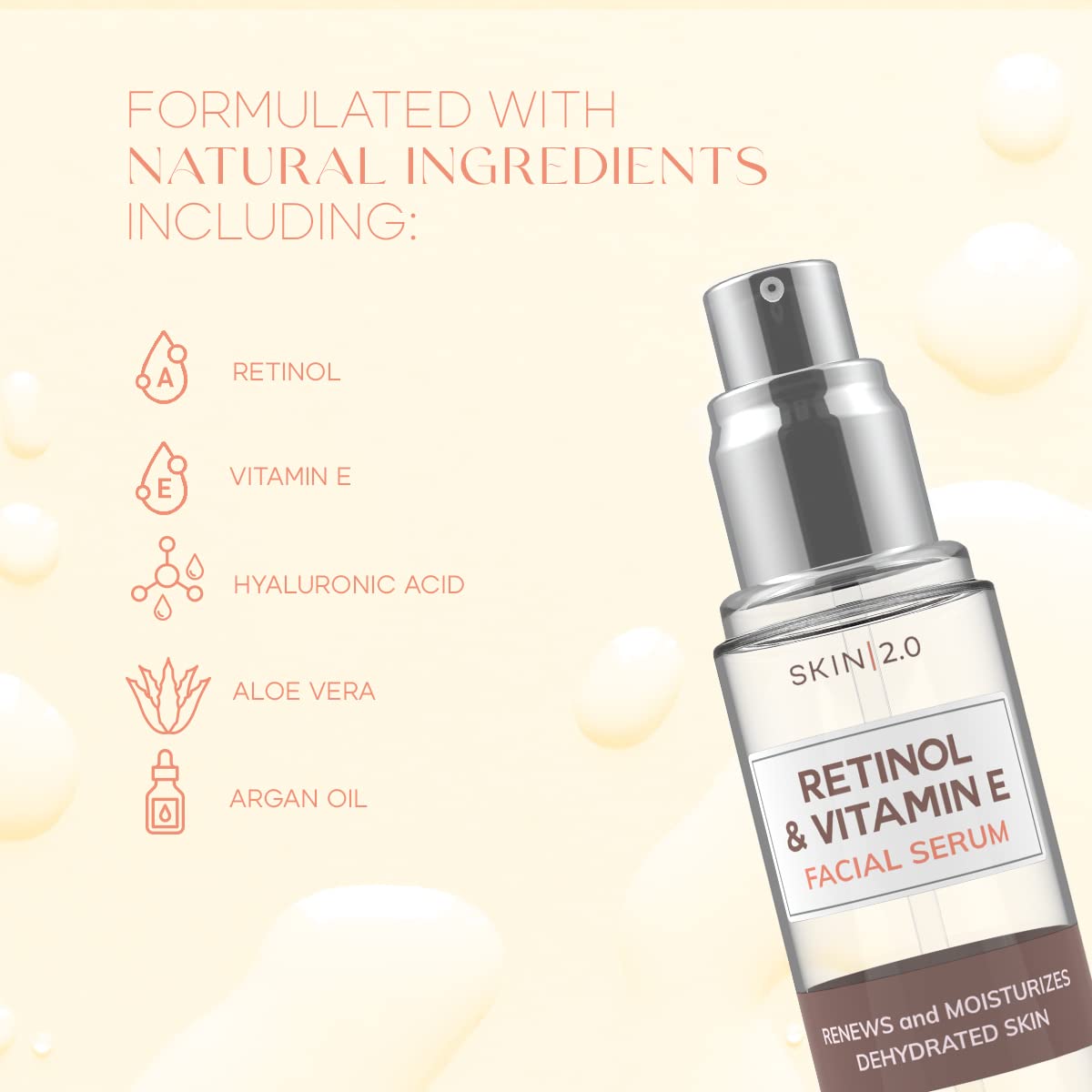 Skin 2.0 Retinol & Vitamin E Face Serum - 1.69 Fl. oz, Cruelty-Free, Reduces Acne Scars, Wrinkles, Anti-Aging, Skin Renewal, Hydrating, Korean Beauty Beauty & Personal Care Skin 2.0
