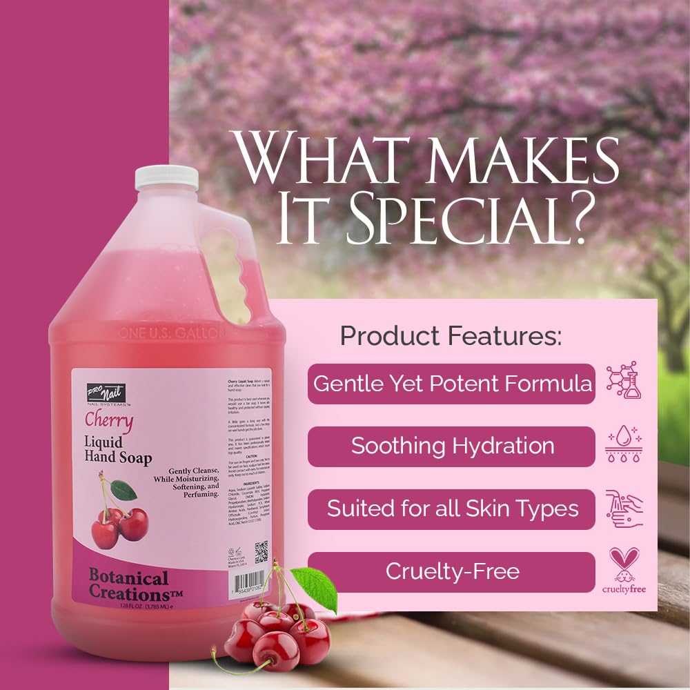 PRO NAIL NAIL SYSTEMS PRONAIL - Liquid Hand Soap Refill, Cherry, 1 Gallon - Deeply Cleanse and Hydrates, Leaving your hands Fresh and Soft - Bulk Beauty & Personal Care PRO NAIL NAIL SYSTEMS