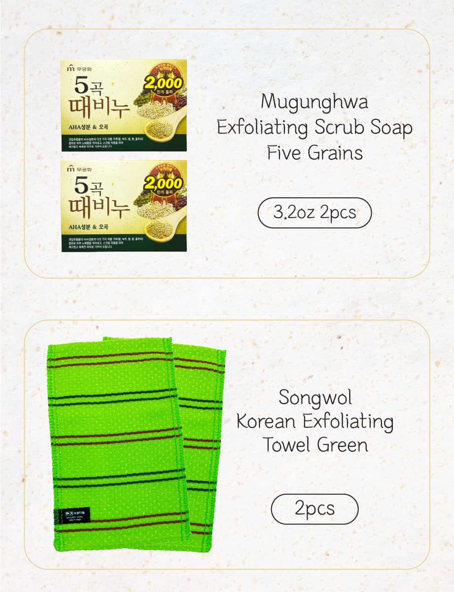 Five Grains Exfoliating Scrub Soap 3.2oz 2pcs + Songwol Korean Exfoliating Towel Green 13cm X 23.5cm 2pcs Beauty & Personal Care ADDY & PLUSY
