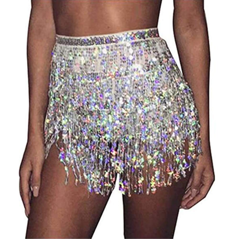 Aimimier Belly Dance Hip Skirt Sequins Tassel Scarf Multi-Layered Belly Belt Dance Wrap Rave Costume Performance Festival Dresses for Women (Silver) Beauty & Personal Care Aimimier
