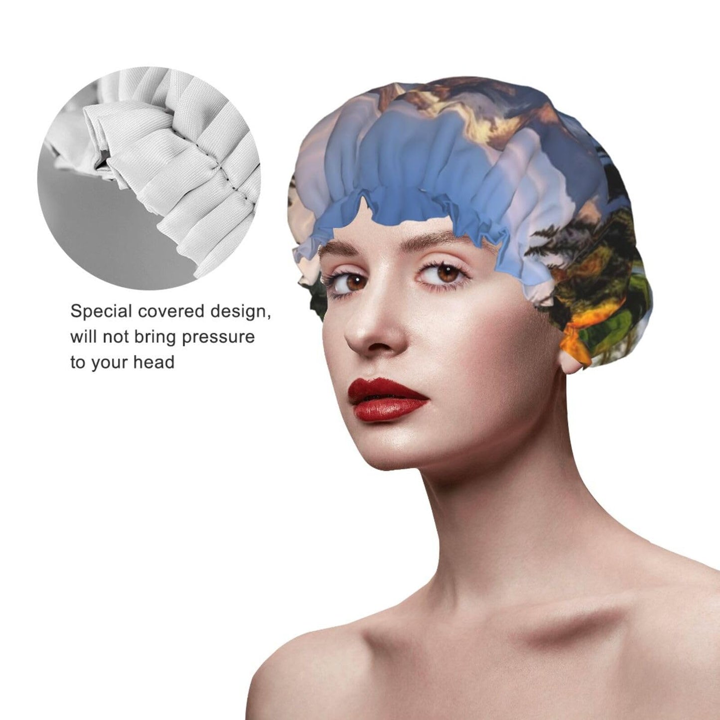 Mountain and Lake Pictures Shower Cap for Women Men Large Reusable Shower Bonnet Double-Layer Waterproof Bath Caps Elastic Band Hair Hat for All Beauty and Personal Care BWLHJKE