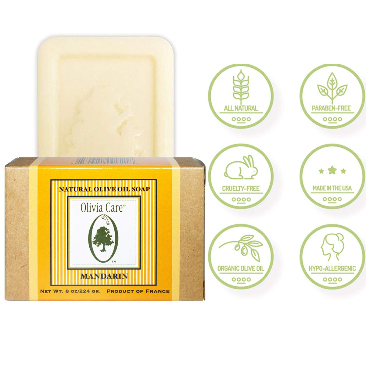 Olivia Care Premium Mandarin Bath & Body Bar Soap Organic, Vegan & Natural Olive Oil Repairs, Hydrates, Moisturizes & Deep Cleans Vitamin C Good Beauty & Personal Care Olivia Care