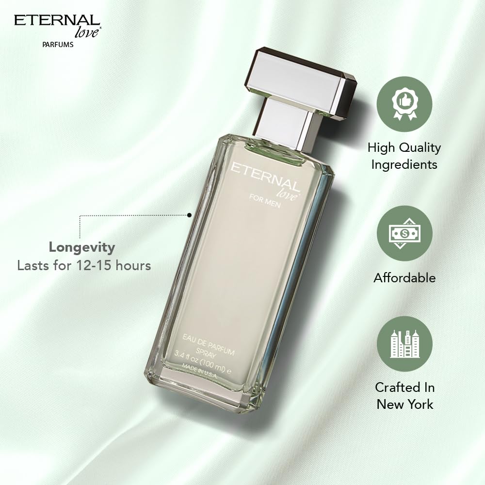 Eternal Love for Men - Long Lasting Eau de Parfum Spray - Premium Clean Fragrance with Amber & Cedarwood - Fresh Sophisticated Scent - 3.4oz Beauty & Personal Care Eternal Love
