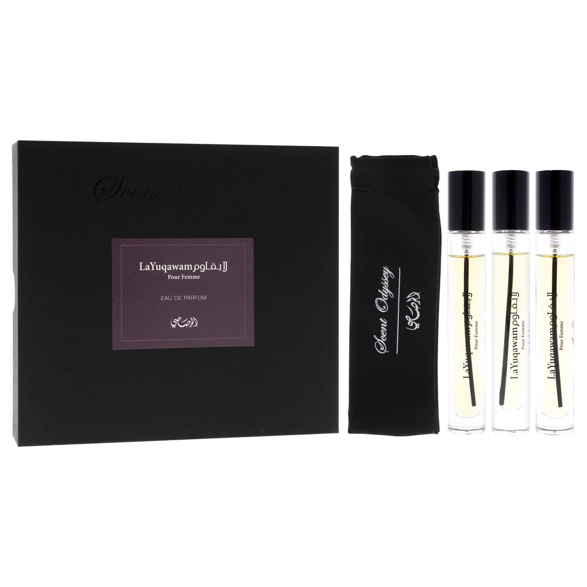 Rasasi Scent Odyssey La Yuqawam for Women | 3-Piece Mini Gift Set | Includes 0.25oz La Yuqawam Pour Femme EDP Spray, | 0.25oz Jasmine Wisp EDP Spray