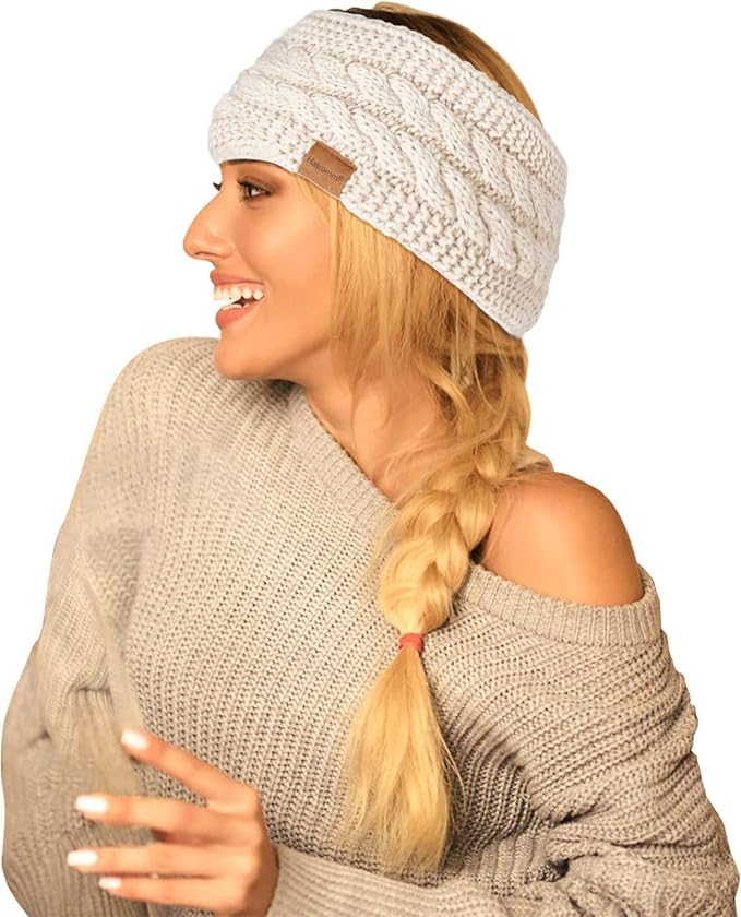 Hatromm Winter Headbands for Women Wool 2 Pack, Ear Warmers for Women Headband Knit Thick Fleece Lined(Black+Dark Gray)