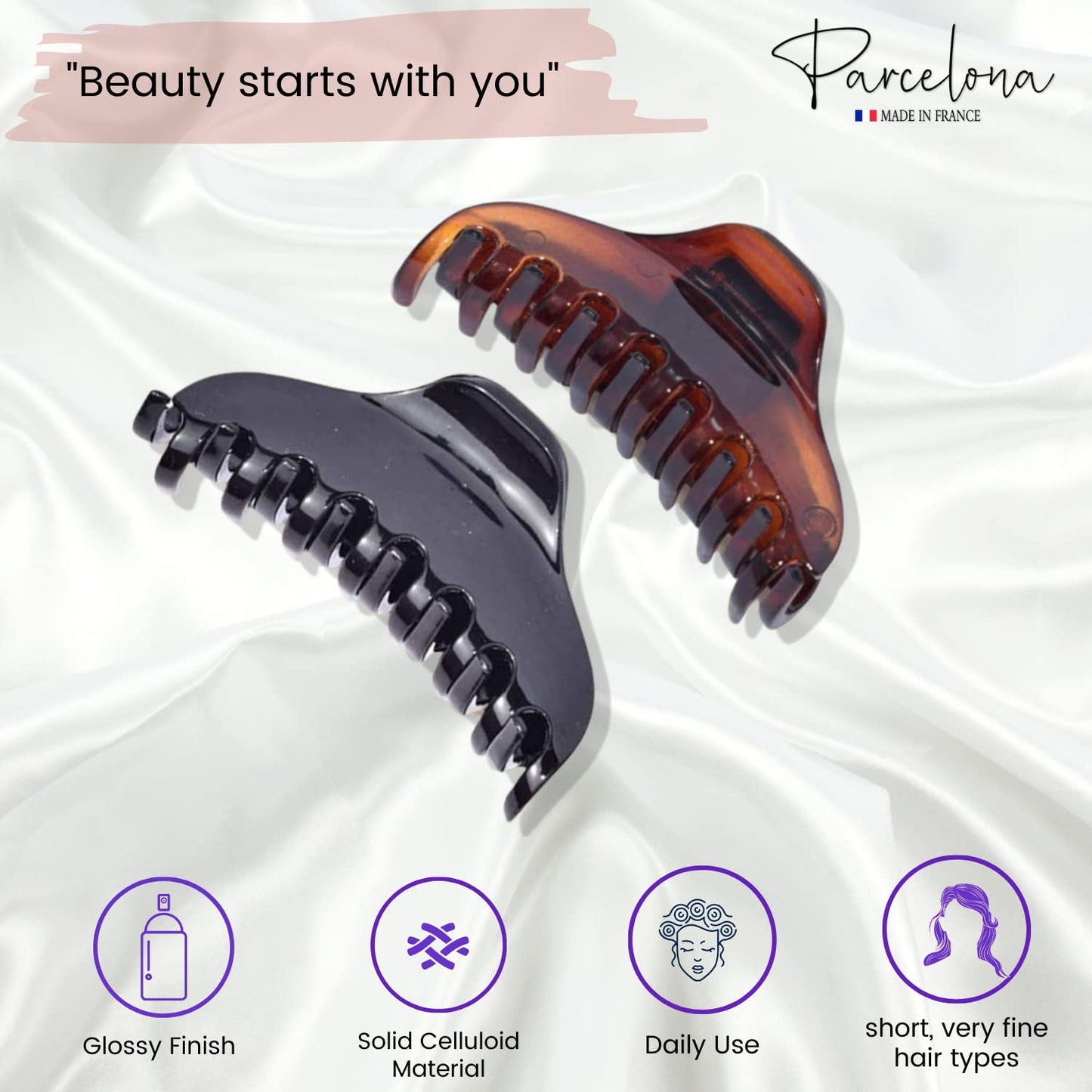 Parcelona French Skinny Boss Small 2 1/4" Black N Shell Celluloid Acetate Claw with Tight Spring Set of 2 Jaw Hair Claw Clips for Fine Hair, Made Beauty & Personal Care Parcelona