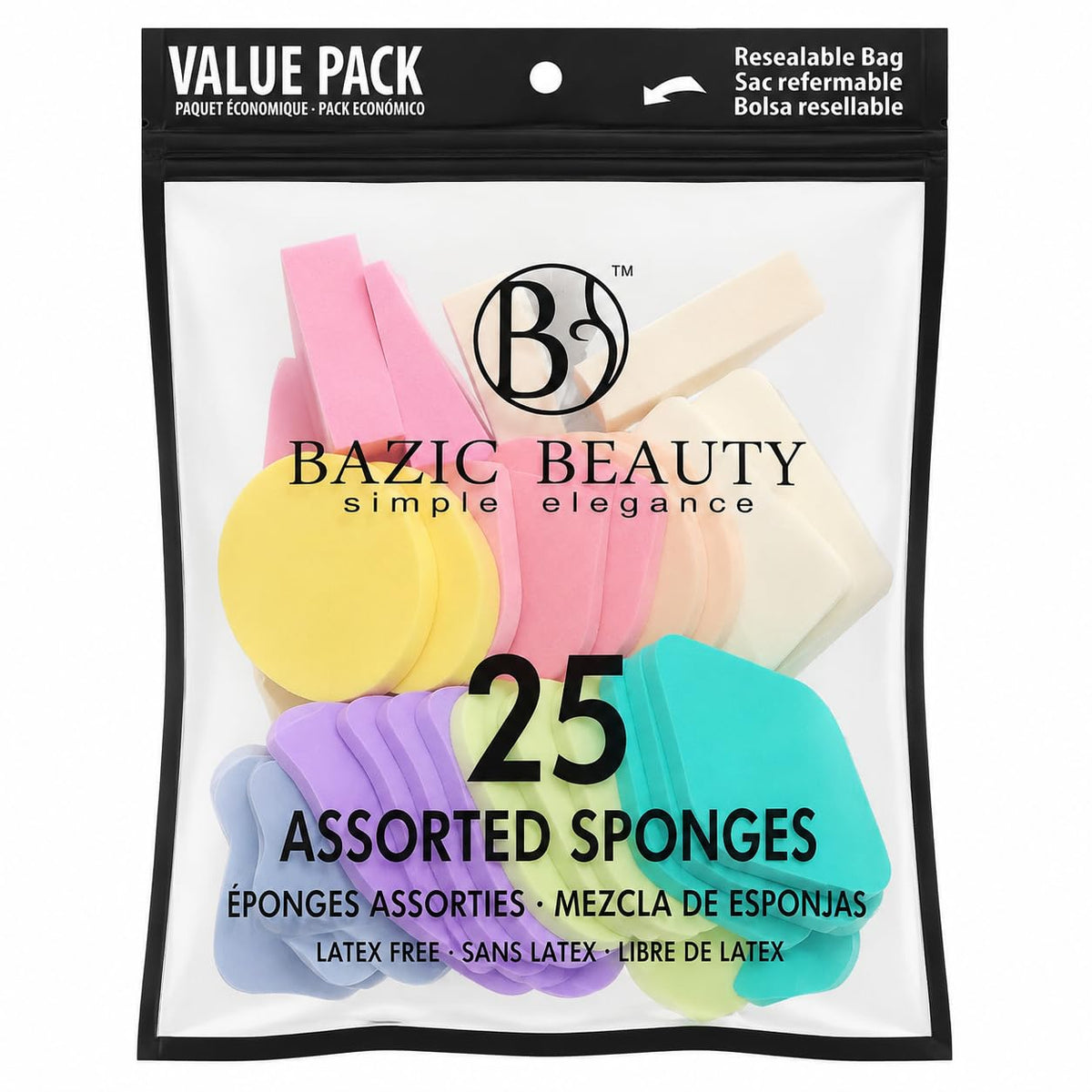 Bazic Beauty Assorted Makeup Sponges, Latex Free, Value Pack, Resealable Bag, 25 Count