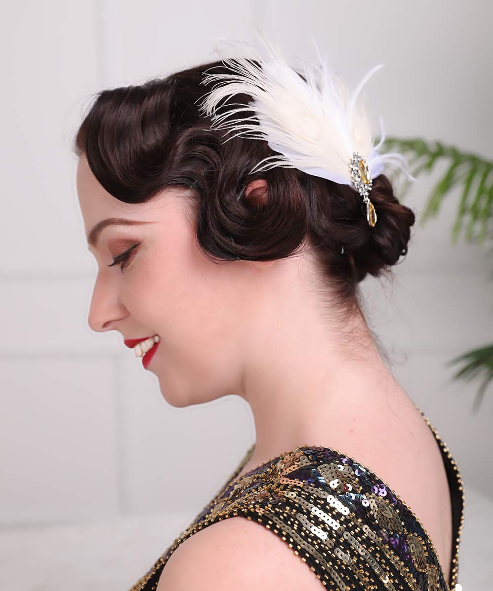 Aimimier Bridal 1920s Flapper Feather Hair Clip Crystal Teardop White Feather Roaring 20s Headpiece Prom Party Festival Hair Jewelry for Women Beauty & Personal Care Aimimier