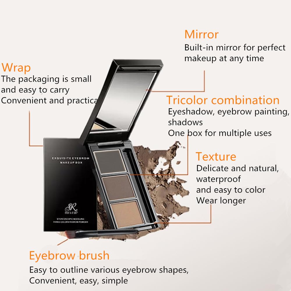 Eyebrow powder three-color brow disc waterproof eyebrow powder eyebrow makeup kit eyebrow filler to shape natural eyebrows (03# Skin color, brown Beauty & Personal Care UOCK