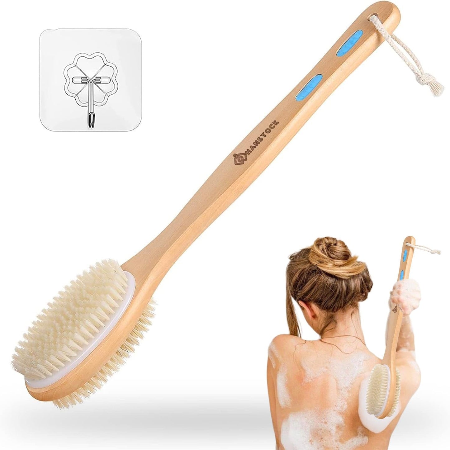 Hanstock Back Scrubber, 43cm Long Wooden Double-Sided Shower Body Brush with Soft and Stiff Bristles for Exfoliating Skin Beauty and Personal Care HANSTOCK
