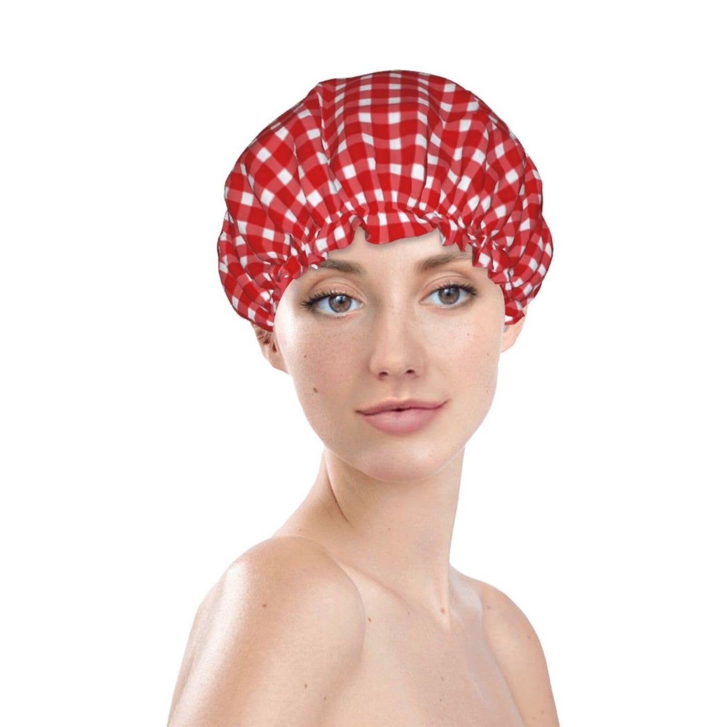 Sjilai Retro Red Gingham Shower Cap For Women Adjustable Double Waterproof Layers Bathing Shower Hat Hair Protection Reusable Ladies Spa Salon Shower Beauty and Personal Care Sjilai