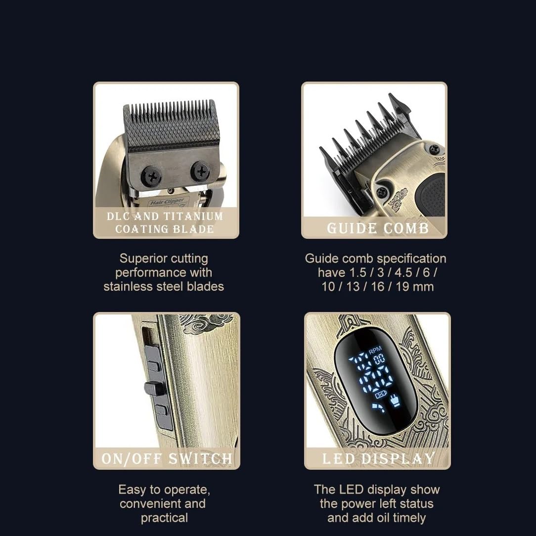 QDKVTNDJZ Mens Hair Clippers, Trimmer Professional Cut Machine Electric Barber Adjustable LED Vintage Metal for Men Beauty and Personal Care QDKVTNDJZ