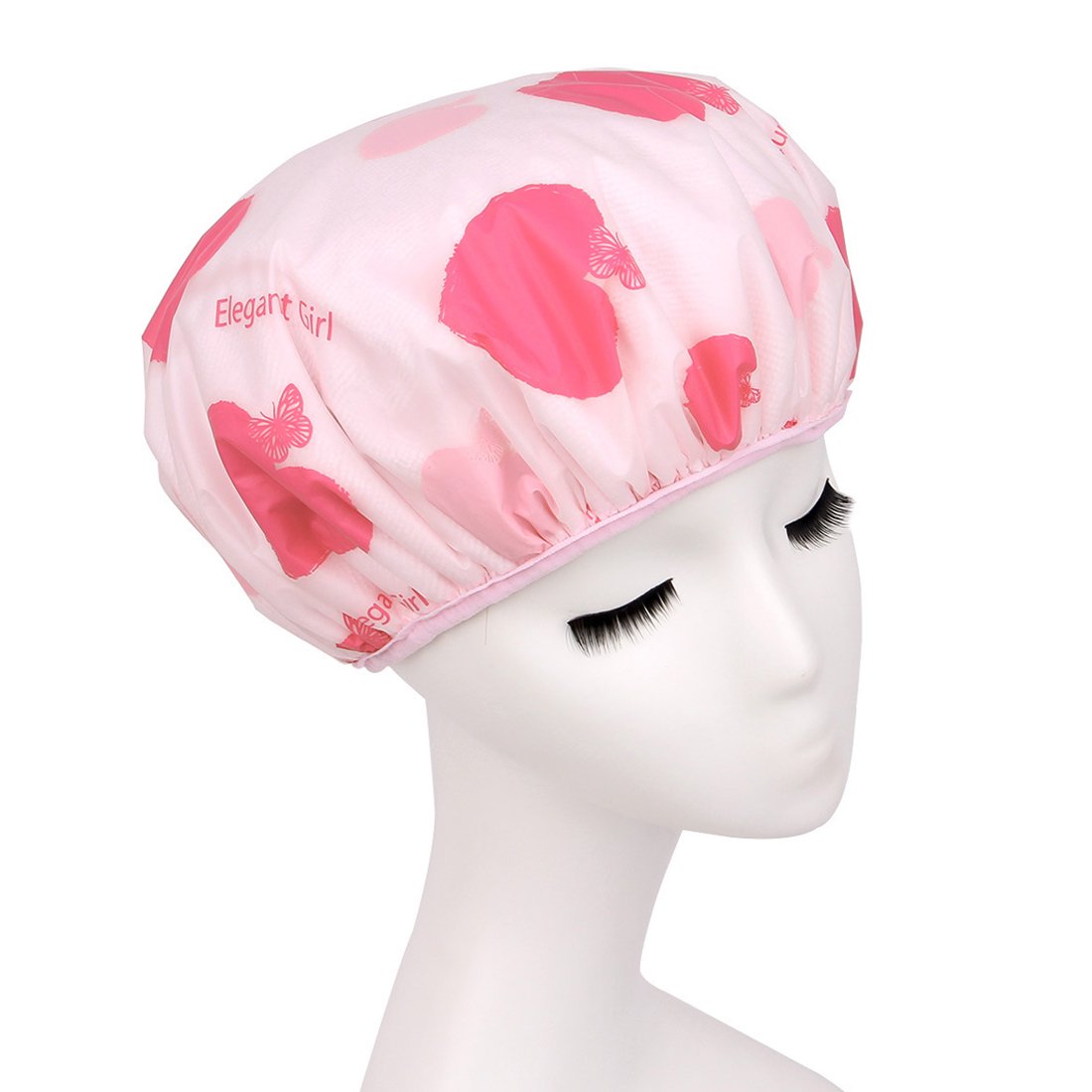 Ruilogod Pink PEVA Microfiber Dual Layers Heart Printing Waterproof Shower Bath Hair Cap Hat (id: 003 732 f25 779 33d Beauty and Personal Care Ruilogod