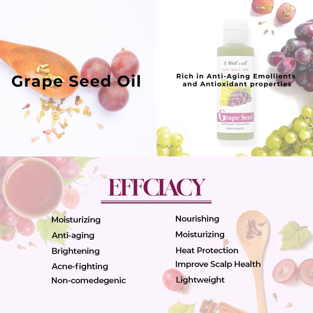 GRAPESEED OIL | 4oz (118ml) | All-Natural | For Hair, Skin & Nails | Moisturizer for Sensitive Skin Types | Refined, Cold Pressed | by Well's Oil Beauty & Personal Care Well's Oil