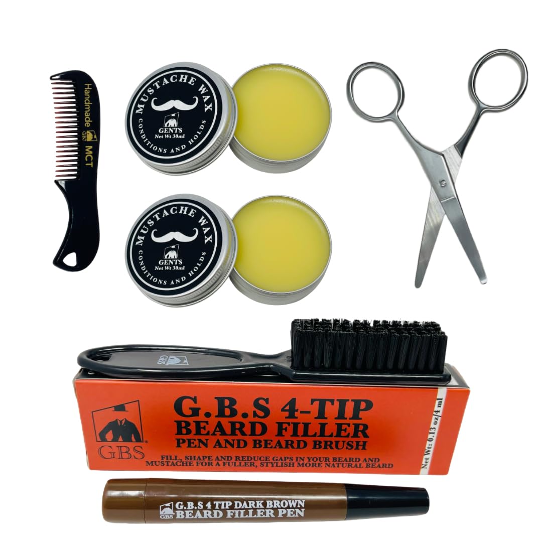 G.B.S Mustache Wax Extra Strong Hold Fragrance Free Inlcudes Handmade Mustache Comb and Trimming Scissors and Beard Pen Dark Brown (3) Beauty and Personal Care G.B.S