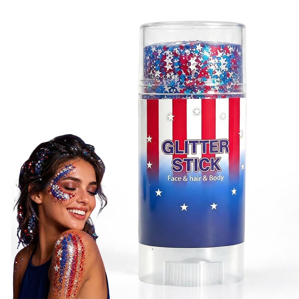 4th of July Glitter Stick, Patriotic Red White and Blue Face Hair Body Glitter Stick, 4th of July Outfits for Women Men, Sparkling Glitter Makeup Beauty & Personal Care TAQIYEZ