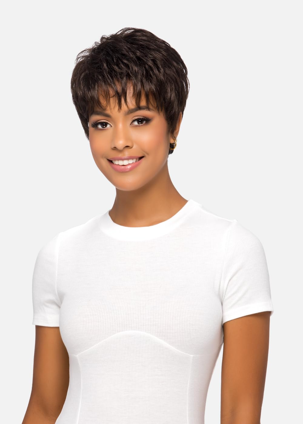 Vivica A. Fox AMY-V, Heat Resistant Fiber, Pure Comfort Cap, Layered Short Pixie Style with Tapered Back, Full Wig (P2216)
