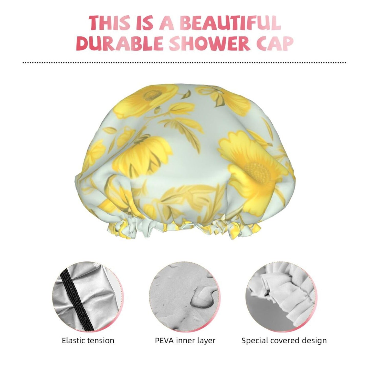 Yellow flower Shower Cap for Women Men Large Reusable Shower Bonnet Double-Layer Waterproof Bath Caps Elastic Band Hair Hat for All Hairstyles Beauty and Personal Care BWLHJKE