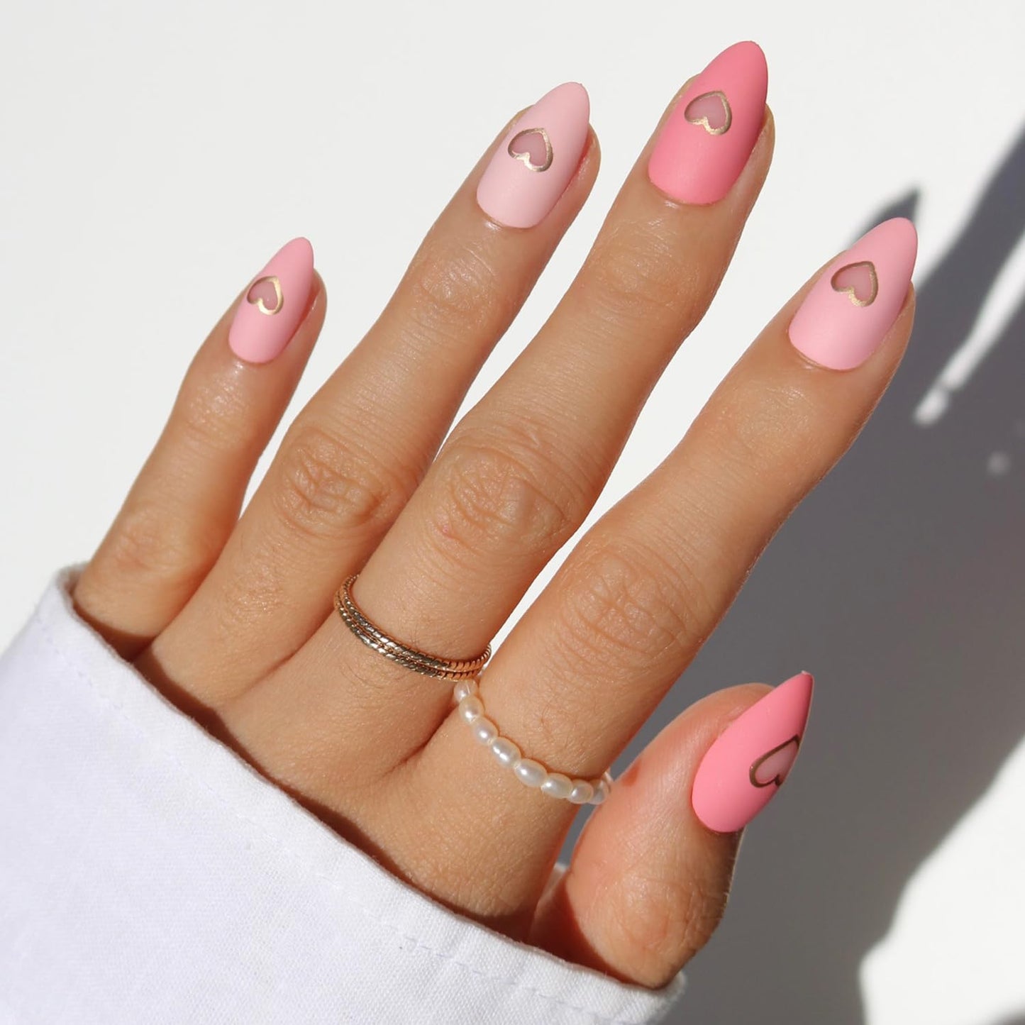 Glamnetic Press On Nails - Matte in Love | Short Almond Fake Nails in Mixed Pink Tones, Metallic Gold Heart in Matte Finish | 15 Sizes - 30 Nail Kit Beauty and Personal Care Glamnetic Default Title