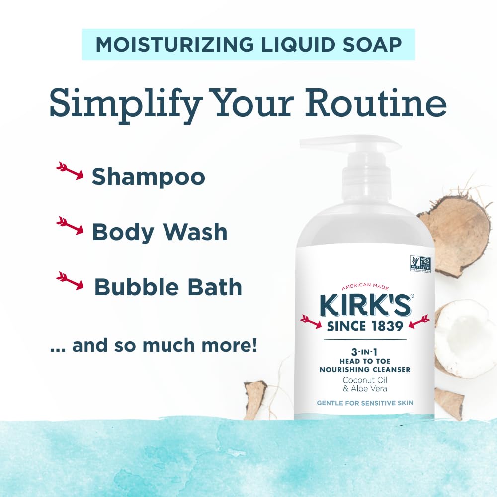 Kirk's Fragrance Free 3-in-1 Nourishing Cleanser, Shampoo Body Wash Bubble Bath, Coconut Oil and Aloe Vera, Vegan Non-GMO, 32 Fl Oz, Pack of 2 Beauty & Personal Care Kirk's