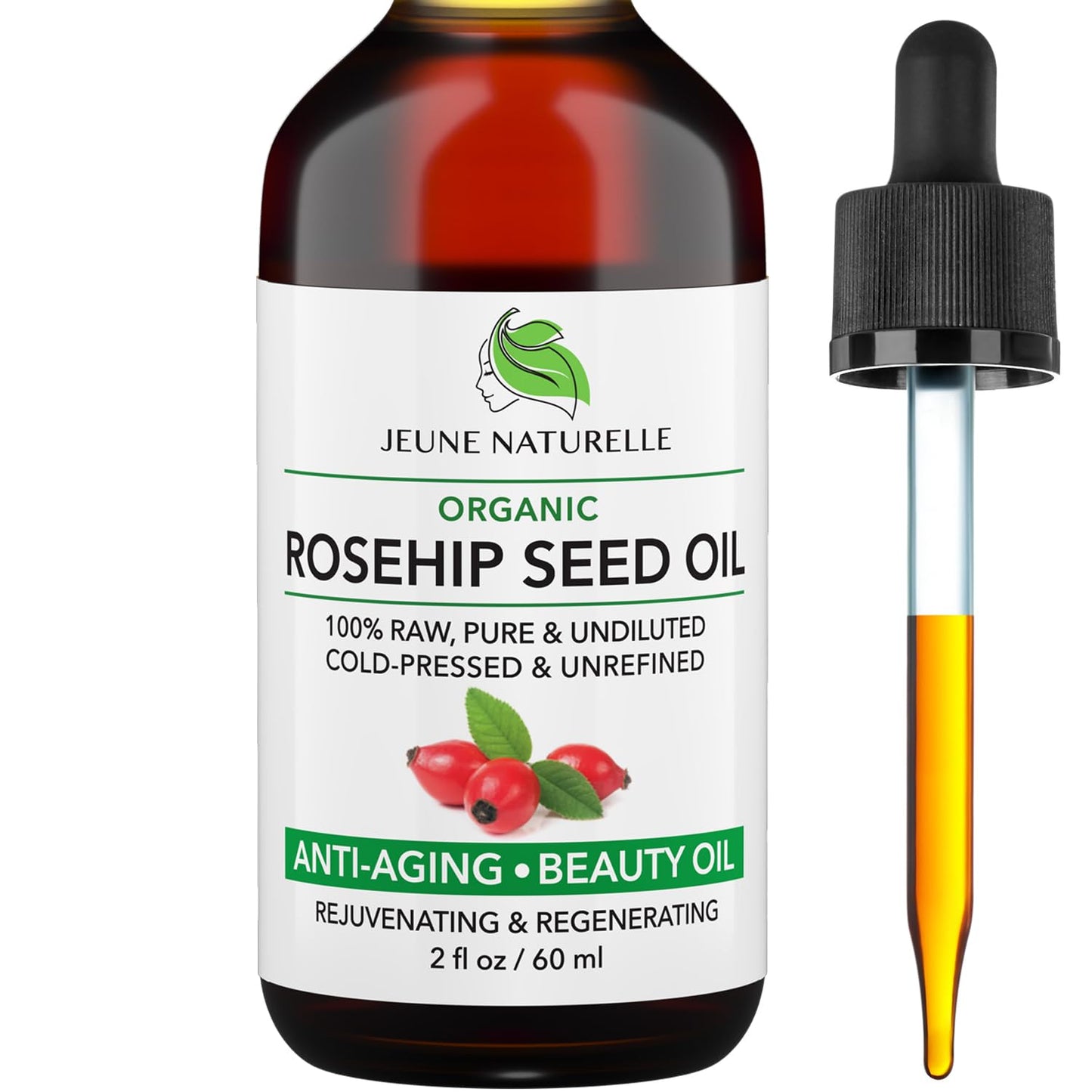 Rosehip Oil - Pure, Virgin, Cold Pressed - From Whole Berries (Pulp & Seeds), Natural Deep Orange Hue for Intensive Skin Repair - Undiluted Organic Beauty & Personal Care Jeune Naturelle