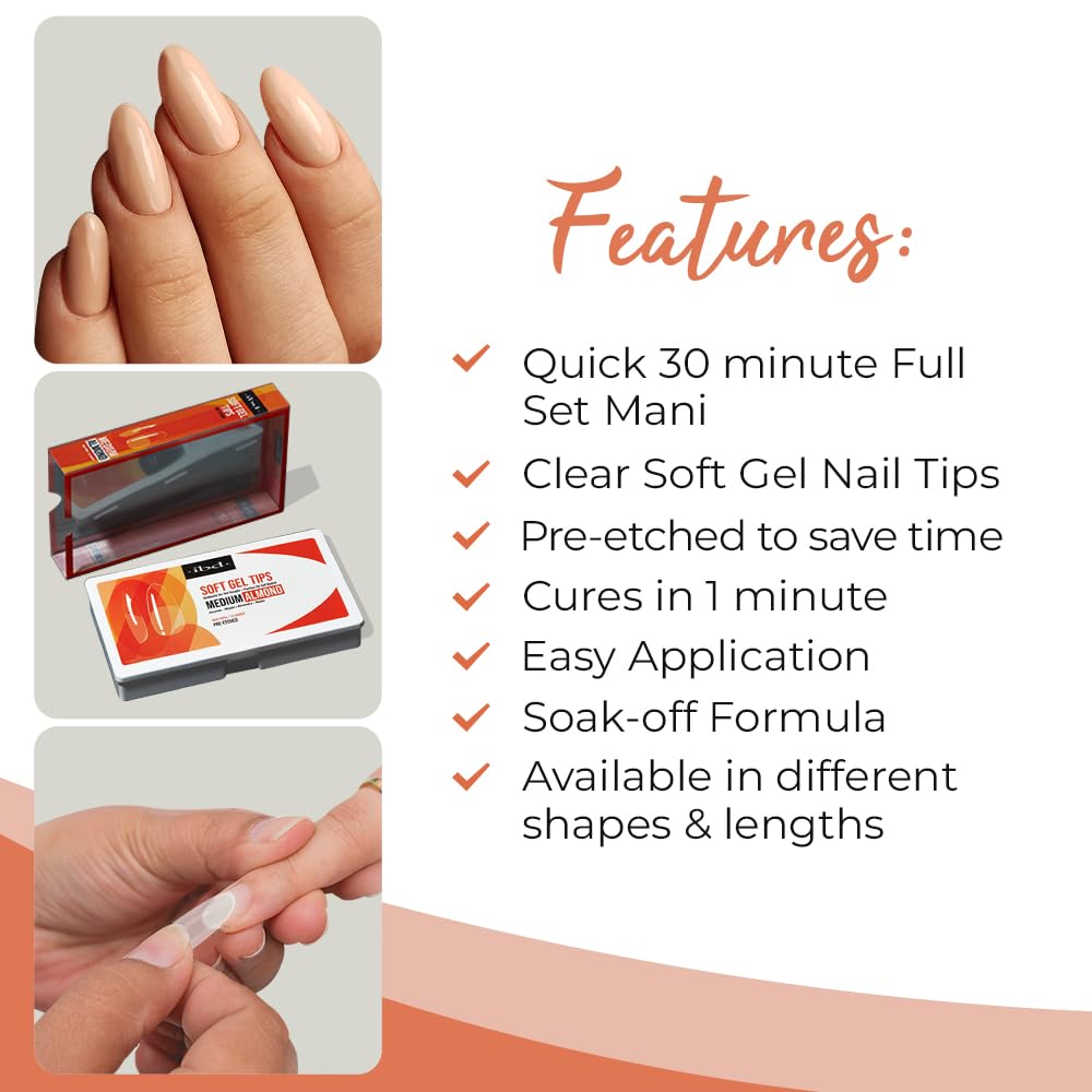 IBD Clear Soft Gel Nail Tips Medium Almond Shape - Pre-Etched, Nail Extensions for Strong Adhesion, Long-Lasting Acrylic Press On Nails, DIY Nail Art