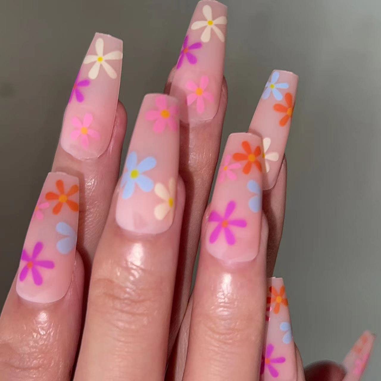 BABALAL Matte Press on Nails Long Coffin Fake Nails Pink Glue on Cute Acrylic False Nails with Flower Design for Women and Girls Beauty & Personal Care BABALAL