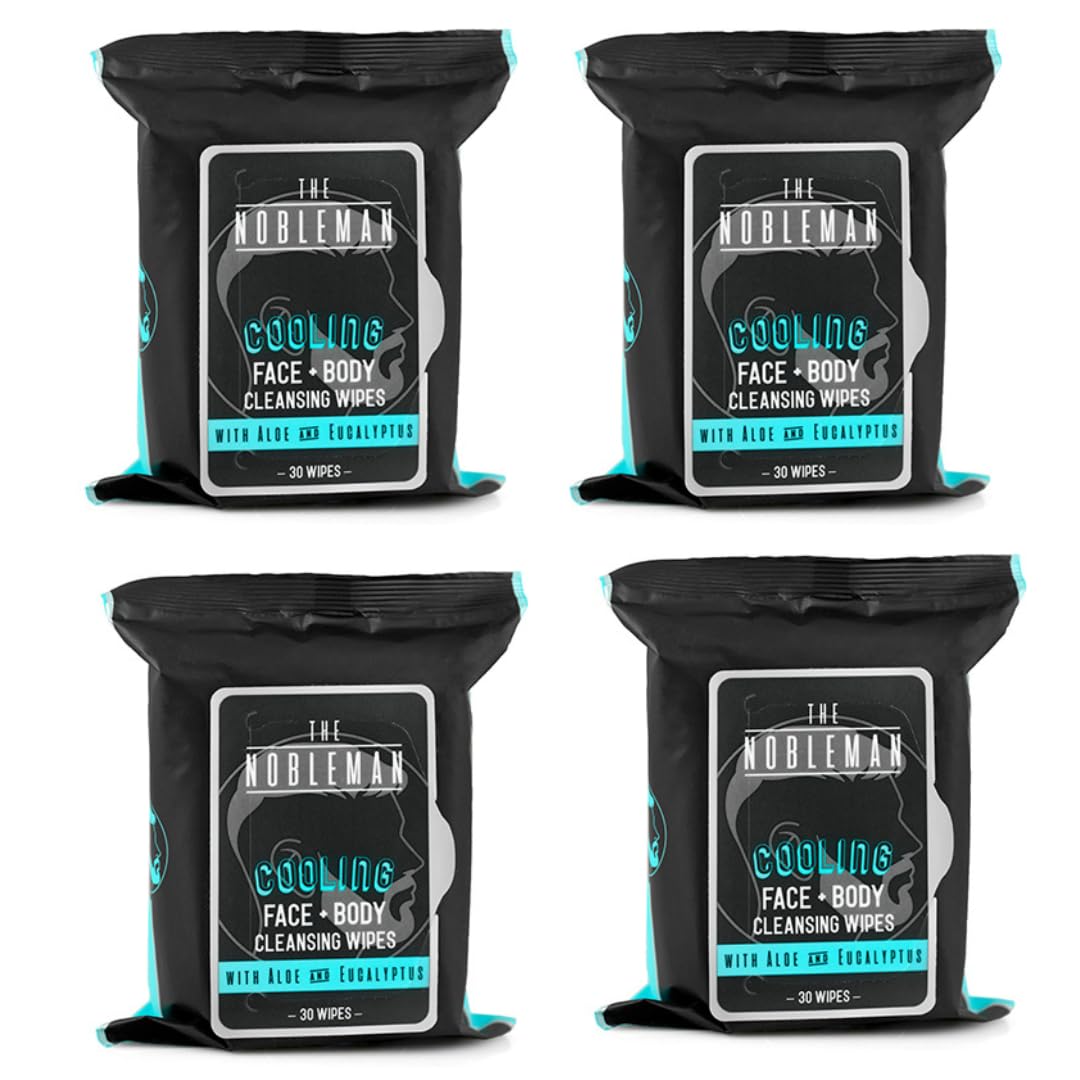 Men's Cooling Face + Body Cleansing Wipes - 4 Pack - 120 Count Post Workout Travel Towlettes Beauty & Personal Care The Nobleman