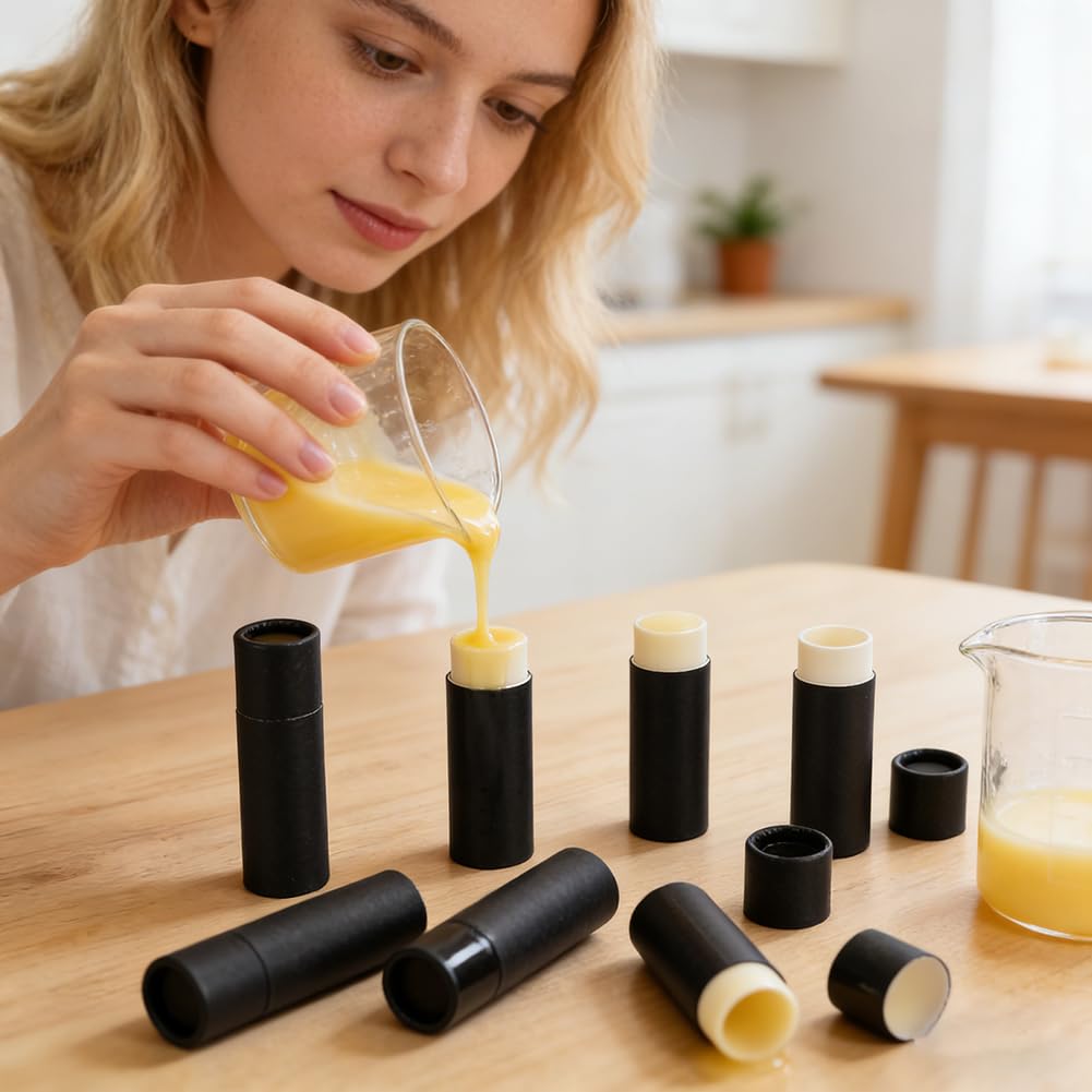 AHANDMAKER 12 Pcs Black Paperboard Lip Balm Tubes 0.3 oz Empty Refillable Solid Perfume Lip Gloss Container for DIY Cosmetic Storage Travel Use Lip Beauty and Personal Care AHANDMAKER