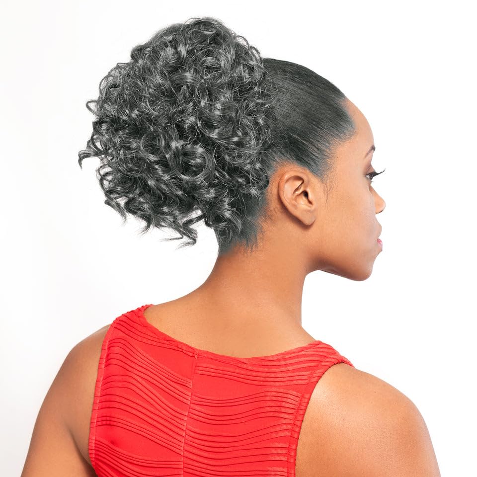 Maxwigs DS006 Curly Ponytail Color 44 Charcoal Gray - Foxy Silver Wigs 8-9" Length Drawstring Medium Size Curls Hairpiece Extension Synthetic Black
