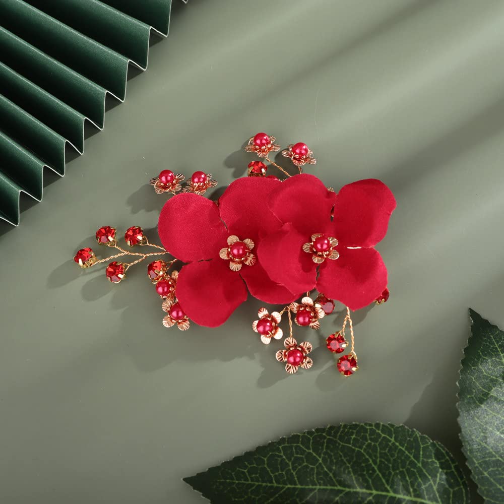 Sither Red Hair Clip for Bridal Floral Hair Comb for Women Wedding Hair Accessories for Bride Hair Clip Headpiece for Wedding Party Prom Gift Beauty & Personal Care Sither