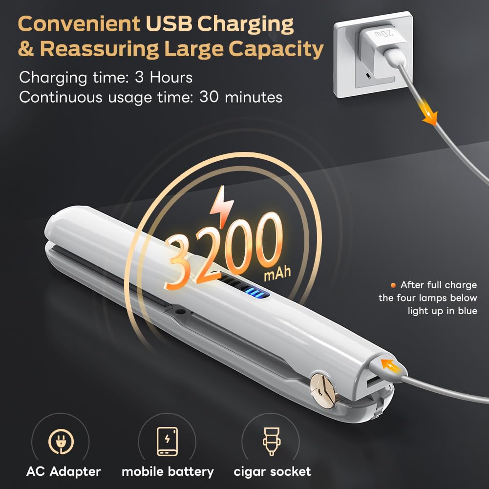 Cordless Hair Straightener and Curler 2 in 1 Ceramic Flat Iron Mini Cordless Portable Travel Hot Tools Straight Curl for Women Men USB Rechargeable