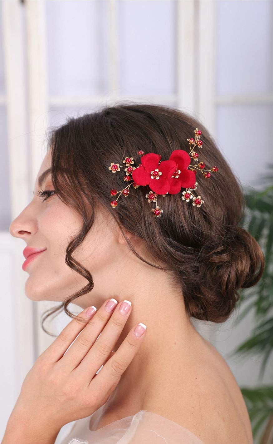 Sither Red Hair Clip for Bridal Floral Hair Comb for Women Wedding Hair Accessories for Bride Hair Clip Headpiece for Wedding Party Prom Gift Beauty & Personal Care Sither