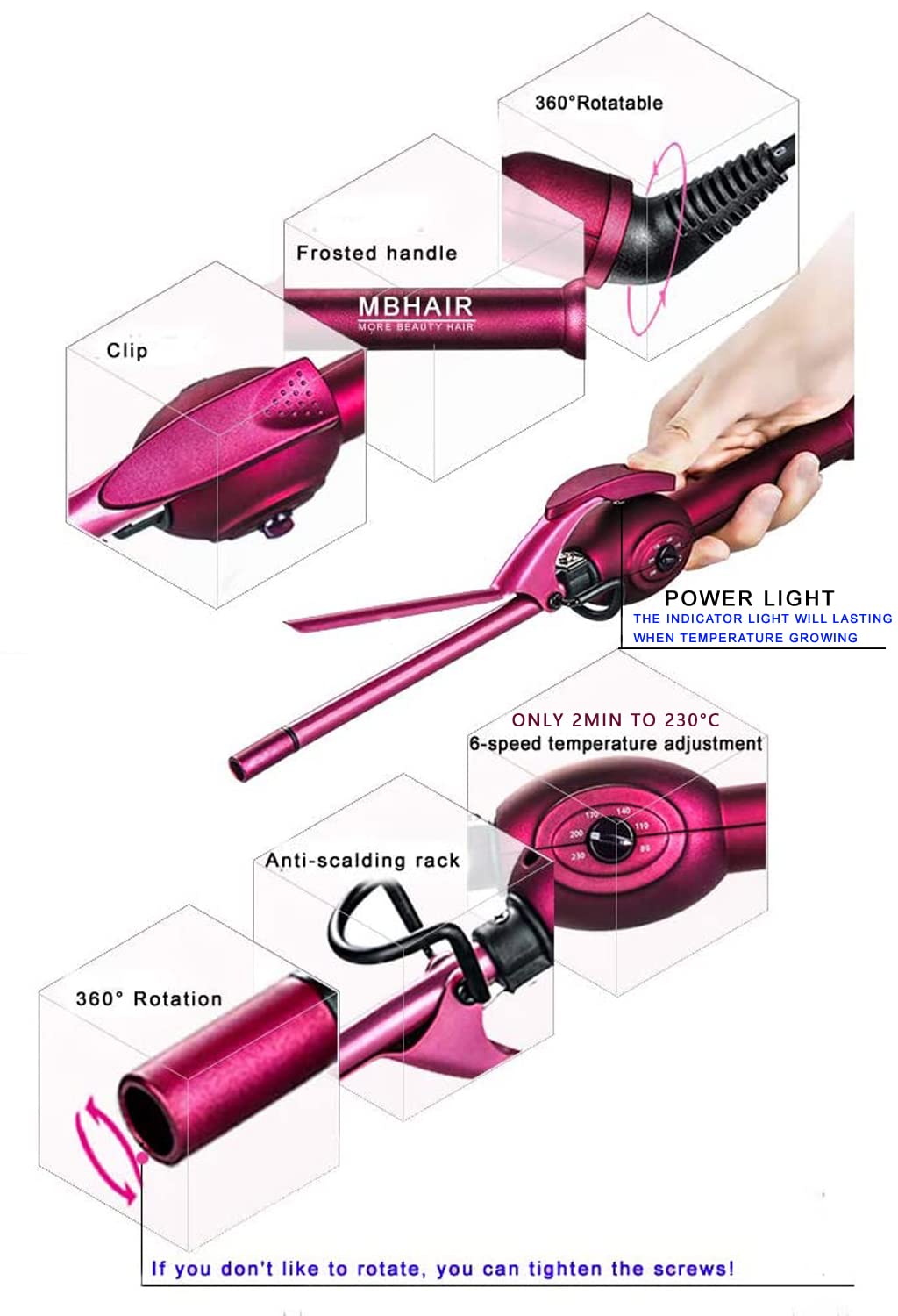 MBHAIR 9mm Thin Curling Wand Hair Curler, 3/8 Small Barrel Skinny Hair Curling Iron Wand Professional Super Tourmaline Ceramic Barrel Small Tongs Beauty & Personal Care MBHAIR