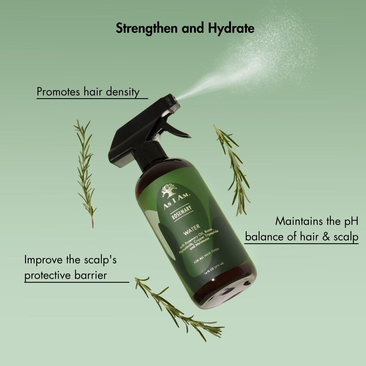 As I Am Rosemary Water 16 oz - Scalp Treatment for Hair Density - with Biotin & Saw Palmetto