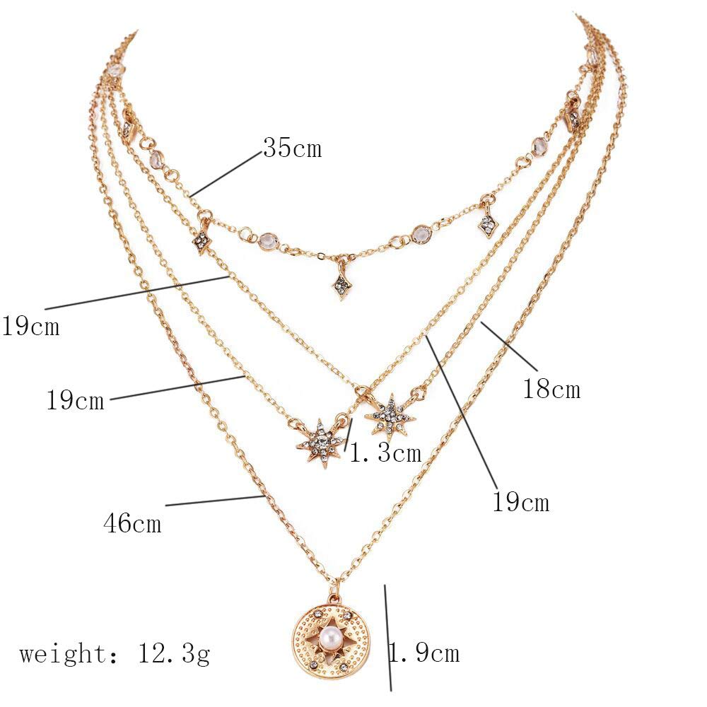 DoubleNine Multilayer Necklace Sun Star Golden Crescent Pendant Gold Medal Sequins Women Crystal Necklace Layered Delicate Collar Women Girls Bride Beauty & Personal Care Doubnine