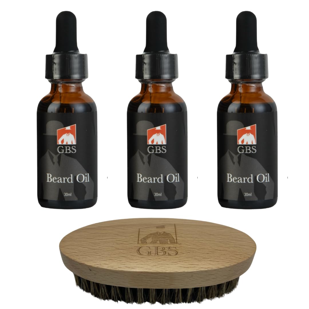 G.B.S Beard Oil, 30ml, Set of 3 Bottles with Wooden Boar Bristle Beard Brush Beauty and Personal Care G.B.S
