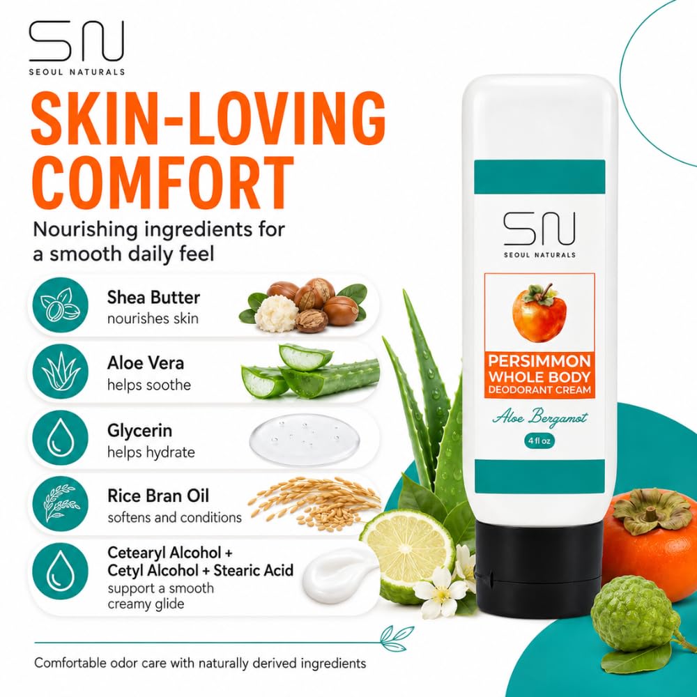 Seoul Naturals Persimmon Whole Body Deodorant Cream 2 Pack, Aloe Bergamot Scented, Eliminates Nonenal Odors, k beauty inspired, 8fl oz, 2 x 4fl oz Beauty and Personal Care Seoul Naturals