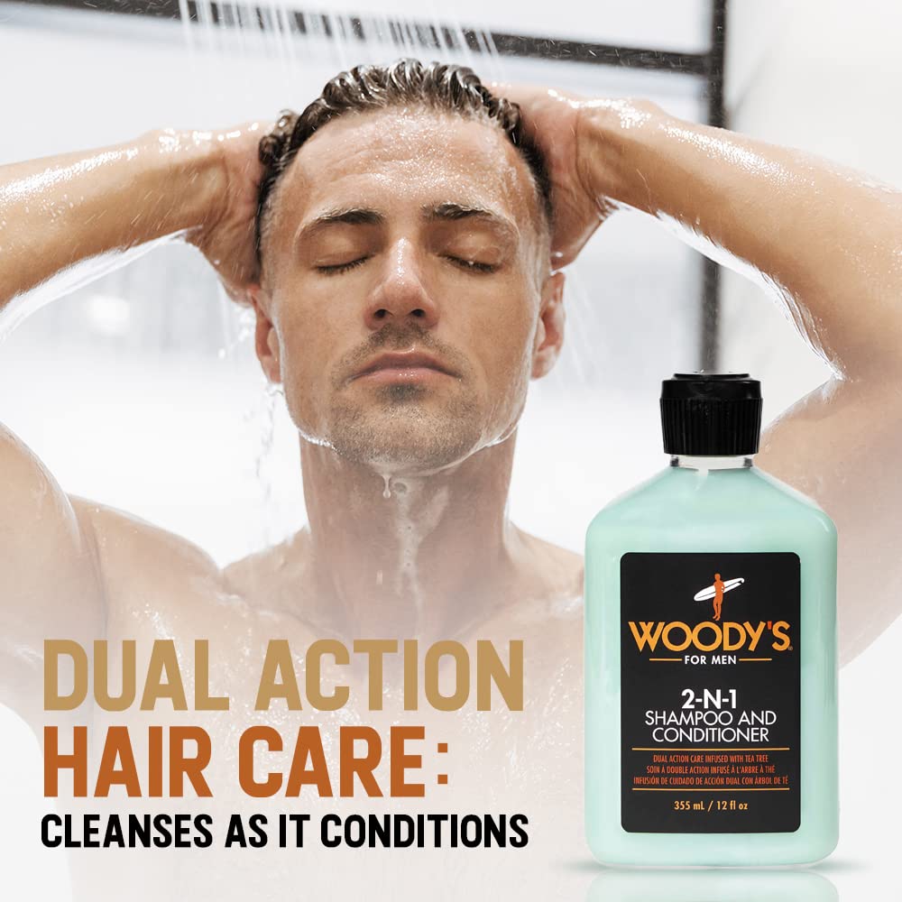 Woody’s 2-in-1 Shampoo & Conditioner - Men’s Hair Cleanser with Saw Palmetto, Soy Protein, Peppermint & Menthol Scalp Care, Paraben & Sulfate-Free, 12